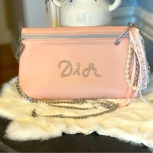 Dior authentic light pink crossbody/wristlet/clutch purse with bling and ribbon